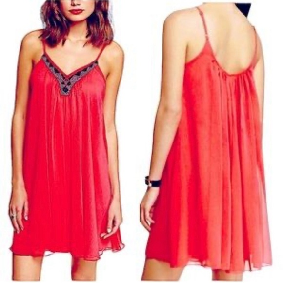 Express Dresses & Skirts - Express Women’s  Pink Swing Slip Mini Beaded Dress Gauzy Spaghetti Straps Sz M